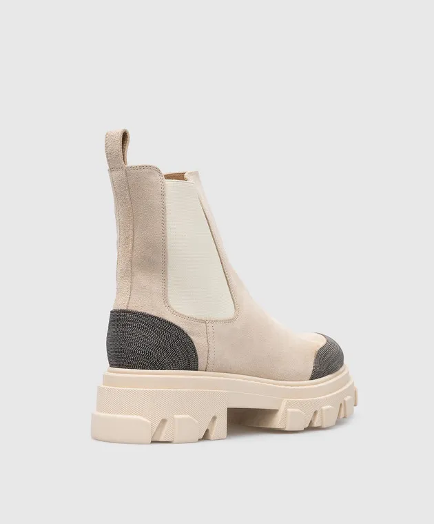 Babe Pay Pls Beige suede chelsea boots with monil chain