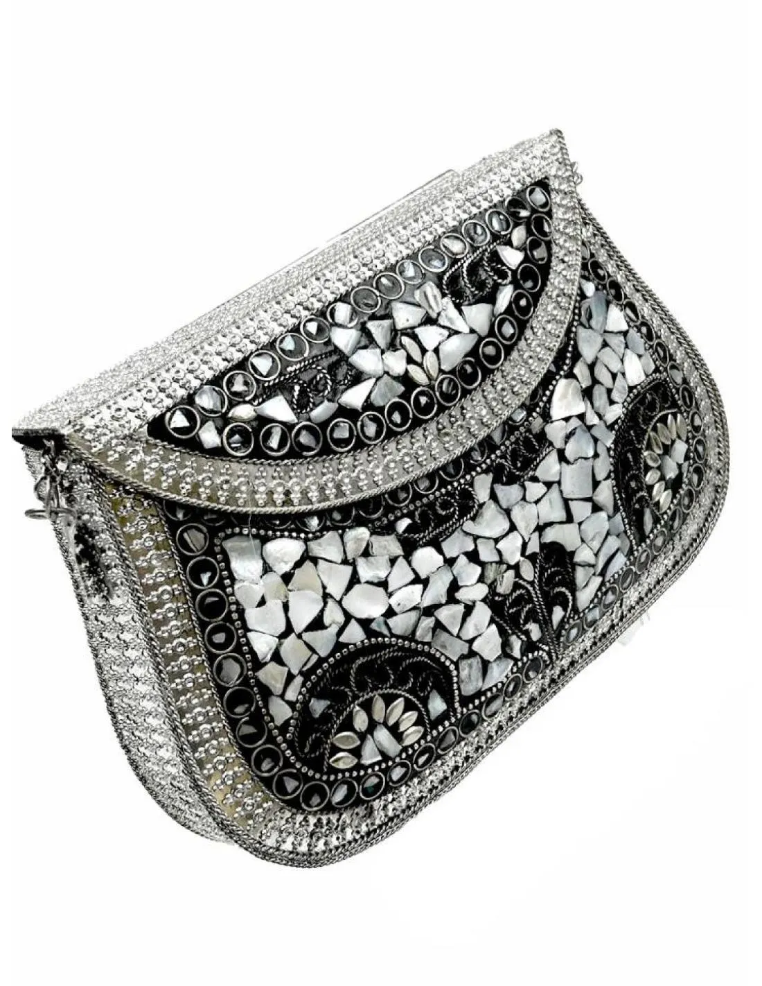 BOLSOS PLATEADOS CON NACAR DE FIESTA COFRE MOSAICO IDEAL NOCHE Y BODA