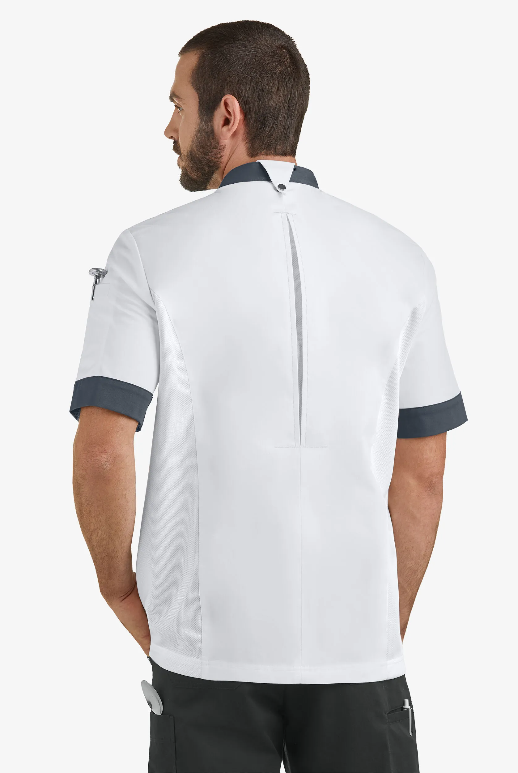 CHEF 360 Men's 5-Pocket Short Sleeve Mesh Panel STRETCH Executive Chef Coat