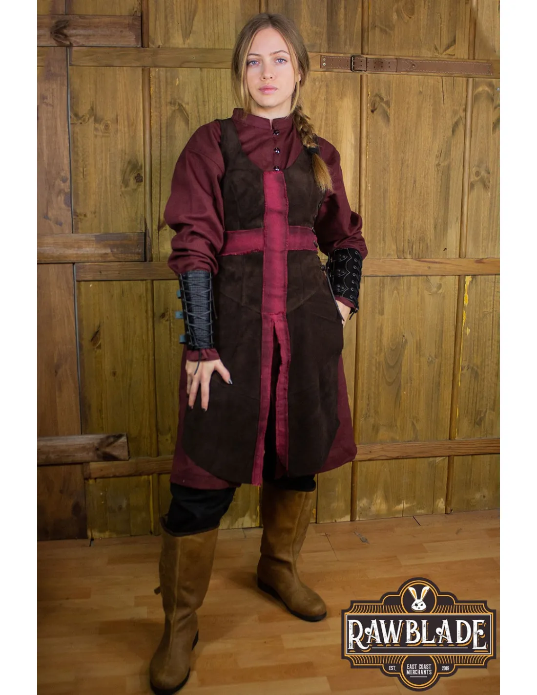 Tabardo medieval de los cruzados para mujer - Marrón y Rojo